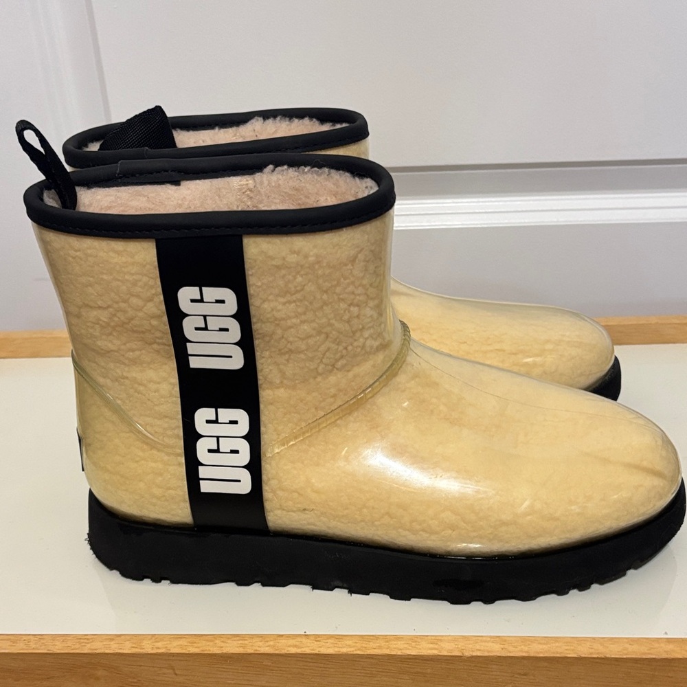 UGG Classic Clear PVC Shearling Short Waterproof Boots with Pale Yellow Lining - Picture 3 of 16